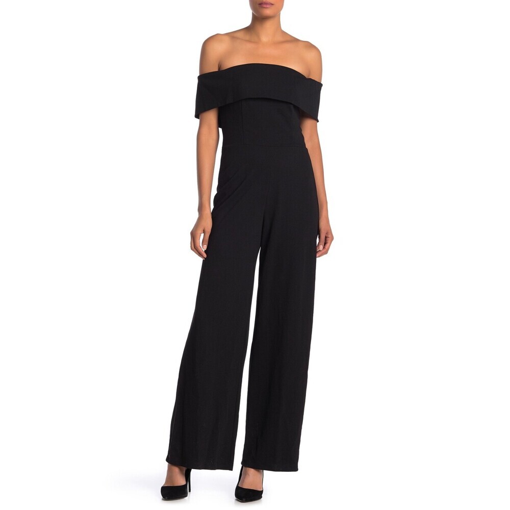 Marina Off-The-Shoulder Bell Bottom Jumpsuit Black Size 6 Made in USA $230